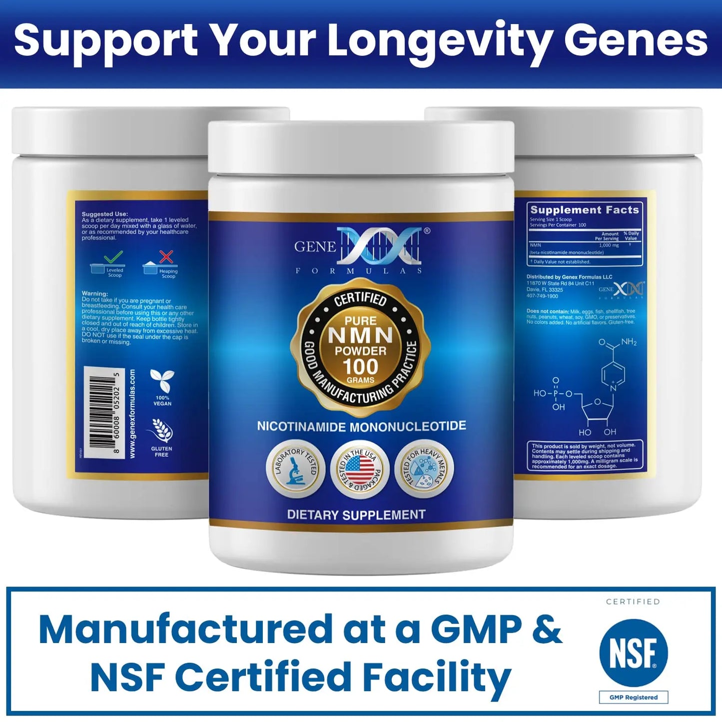 Genex Formulas Pure NMN Powder 100 Grams, Instant Dissolve, Shelf Stable, Non-Synthetic, PVP Free, Ultra-Low Density, 99.9% Pure NMN, Made in a US-Based, GMP, NSF & FSSC 22000 Certified Facility Genex FormulasBuy Supplements Australia