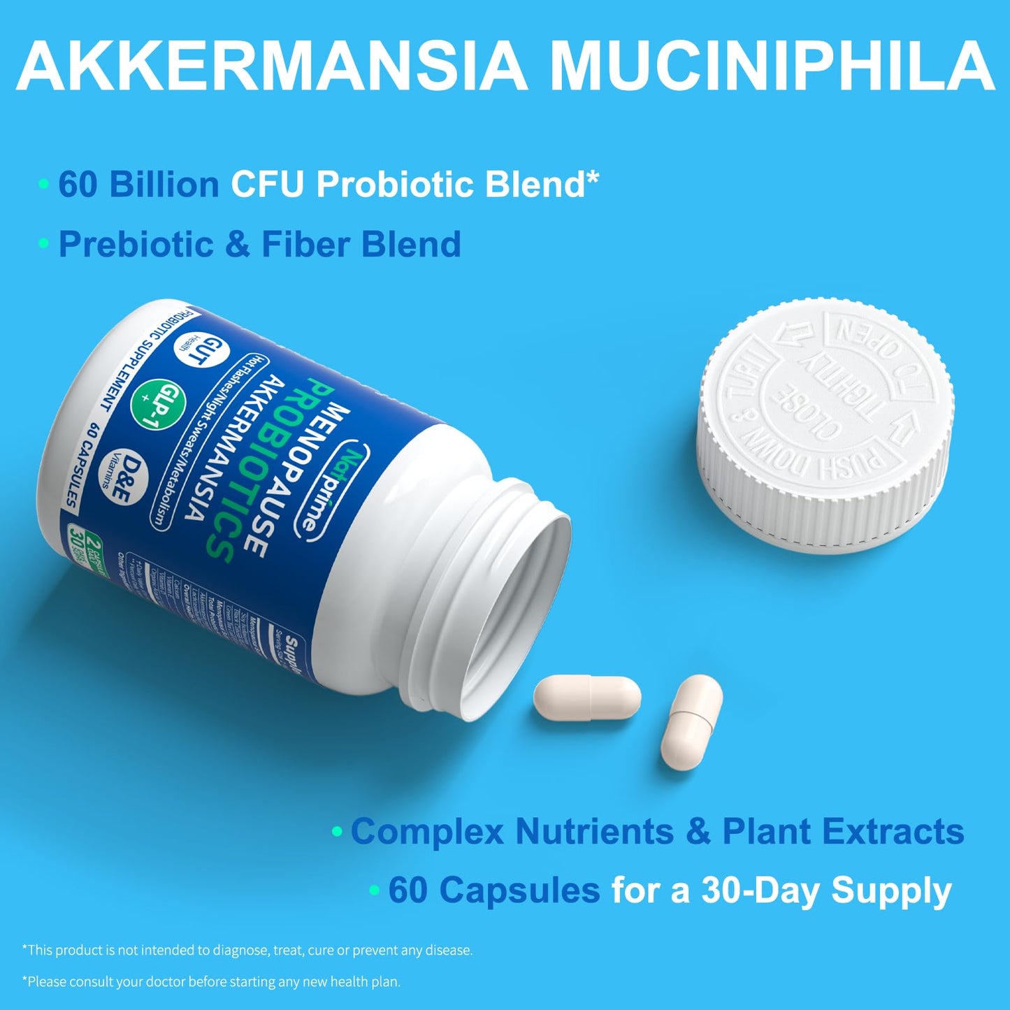 Natprime Menopause Supplements for Women - 60 Billion CFU Akkermansia Probiotic for Hormonal Balance, Night Sweats, Hot Flashes Relief, Gut Health, Mood Support & URO Viginal probiotic - 60 Ct 30 Day NatprimeBuy Supplements Australia