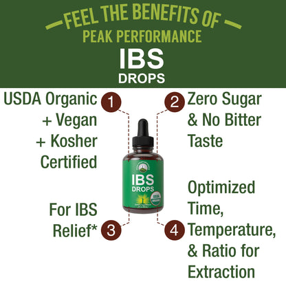 USDA Organic IBS Relief 5-in-1 Liquid Drops. for Ingestion, Bloating, Gas. Irritable Bowel Supplement with 5 Organic Ingredients. Peppermint Oil, Fennel Seed, Chamomile Flower, Rosemary, Holy Basil Peak PerformanceBuy Supplements Australia