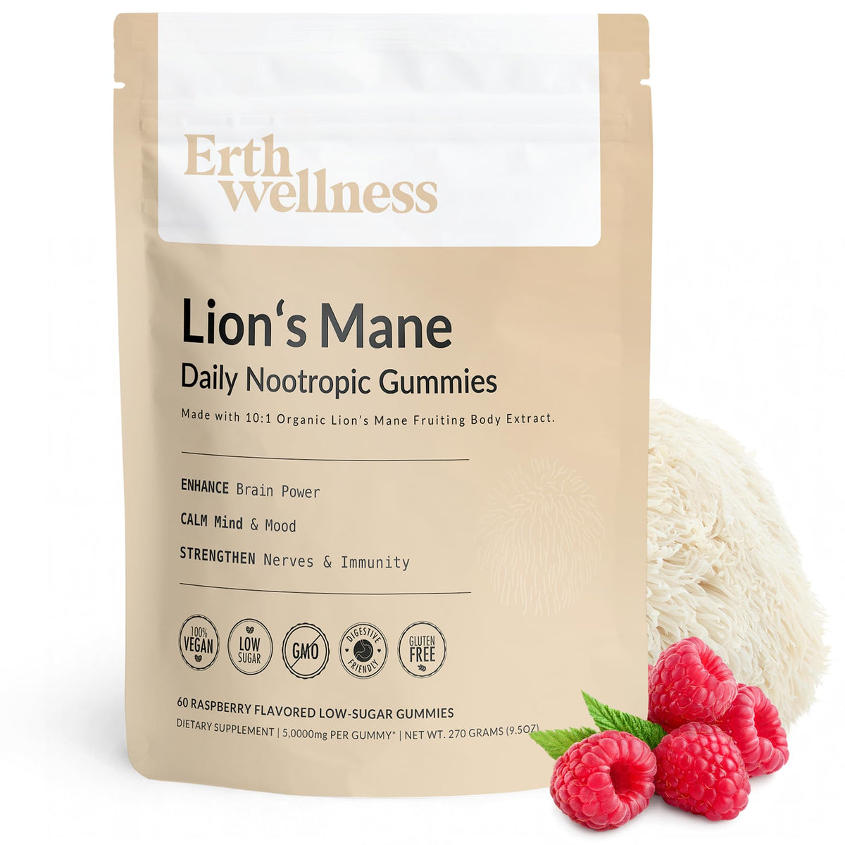 Erth Wellness Lion’s Mane Mushroom Gummies – 10,000mg Fruiting Body Extract per Serving – Brain & Focus Support – Daily Nootropic – Vegan, Low Sugar, Non-GMO – 60 Ct Erth WellnessBuy Supplements Australia