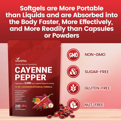 VivoNu Cayenne Pepper Softgels Supplement, Supports Leg Vein, Heart and Blood Vessel Health, with Vitamin E D3+K2 and Extracts of Grape Seed, Hawthorn VivoNu canada supplements
