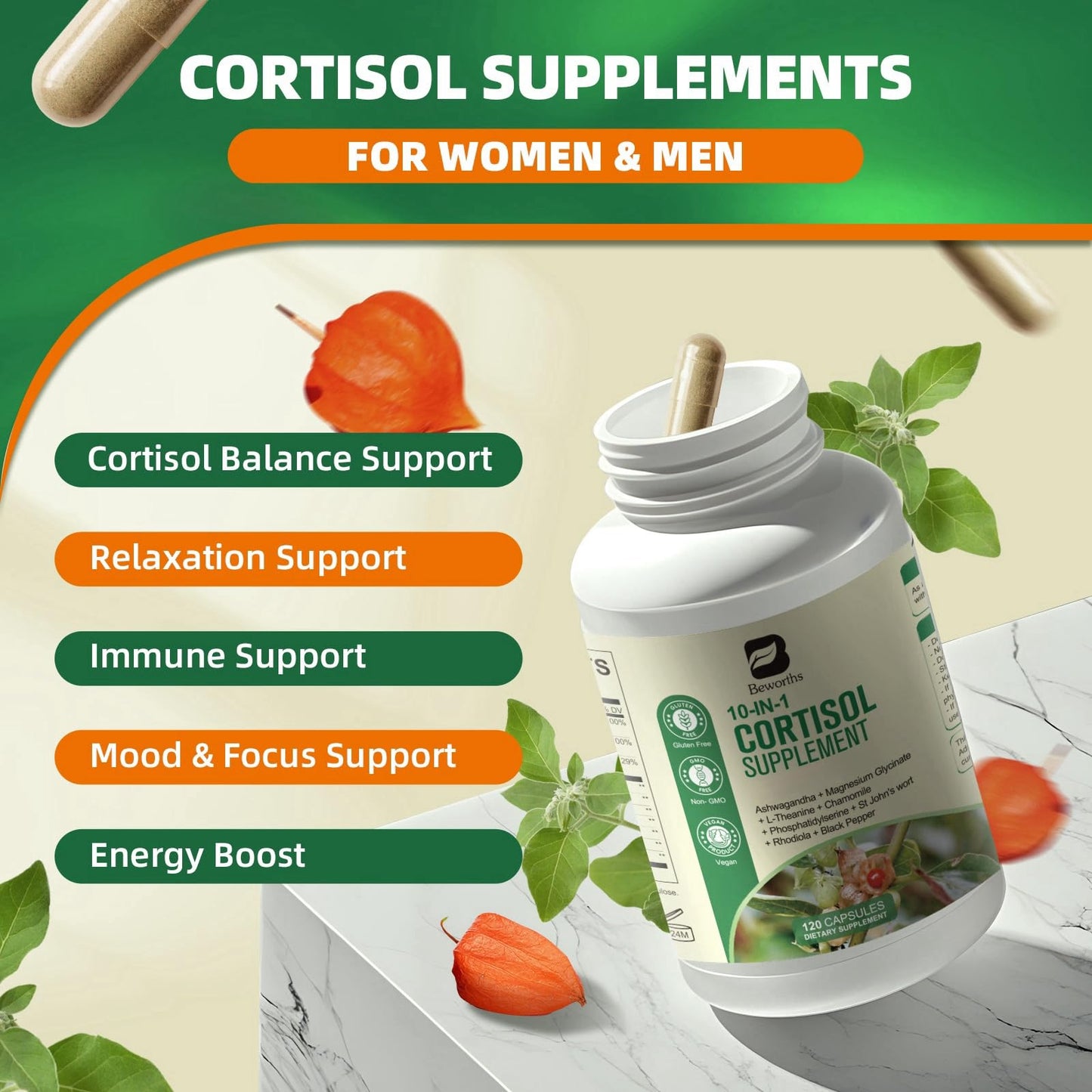 B BEWORTHS Cortisol Supplements for Women Men, 10-in-1 Cortisol Detox with Ashwagandha, Magnesium, L-Theanine, Balanced Cortisol Levels, Night & Calm Support, 120 Vegan Capsules B BEWORTHSBuy Supplements Australia