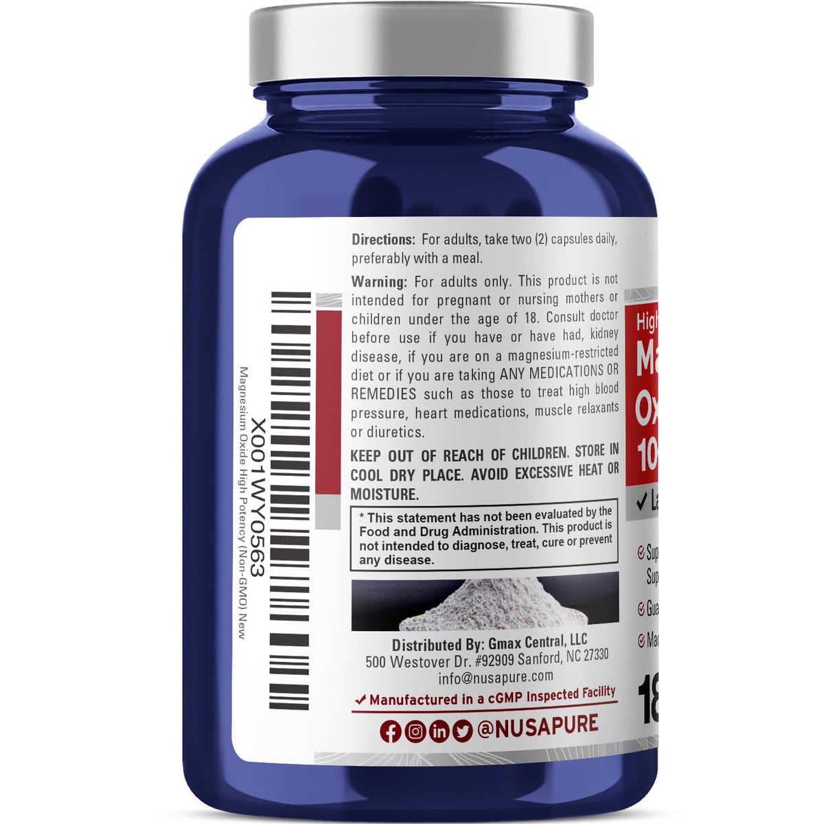 NusaPure Magnesium Oxide 1,000mg per Serving 180 Veggie Caps (Non-GMO, Vegan) NusaPureBuy Supplements Australia