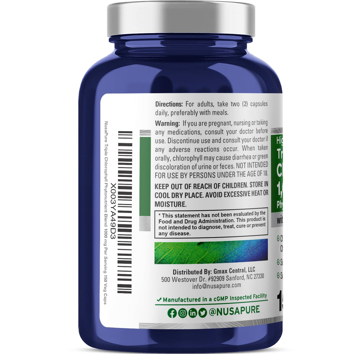 NusaPure High Absorption Triple Chlorophyll 1000 mg 150 Veg Caps Suitable for Vegetarians and Vegans, Non-GMO NusaPureBuy Supplements Australia