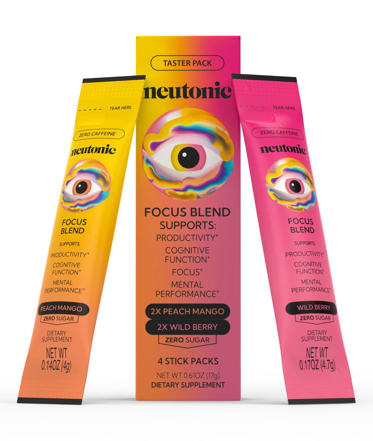 Neutonic Nootropic Focus Blend Powder | Peach Mango & Wild Berry 4 Sticks | Caffeine Free, Zero Sugar | Support Memory, Mental Clarity, Cognitive Function | Boost Focus, Energy, Brain Health NeutonicBuy Supplements Australia