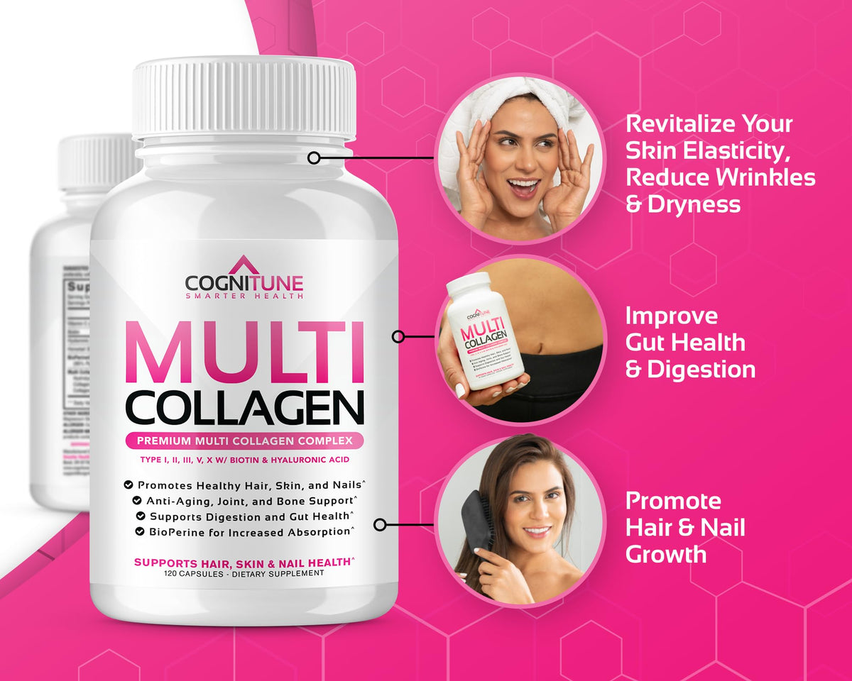 CogniTune Multi Collagen Peptides for Women with Biotin, Hyaluronic Acid, Vitamin C - 5 Types I II III V X Colageno Hidrolizado - 2000mg Hair Skin Nails Joints Support - 120 Capsules CogniTuneBuy Supplements Australia