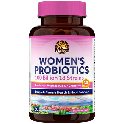 Vitalitown Women's Probiotics | 100 Billion CFUs 18 Strains | Prebiotics, VC & B6, Cranberry | Shelf Stable | Vaginal, Urinary