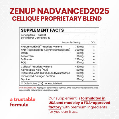 ZenUP Liquid NAD, Extra Strength 1,200mg NAD+ Supplement with CoQ10, Resveratrol, D-Ribose & PQQ for Men & Women, Natural NAD+ Stick for Anti-Aging, Energy, Focus - 30 Packets ZenUPBuy Supplements Australia