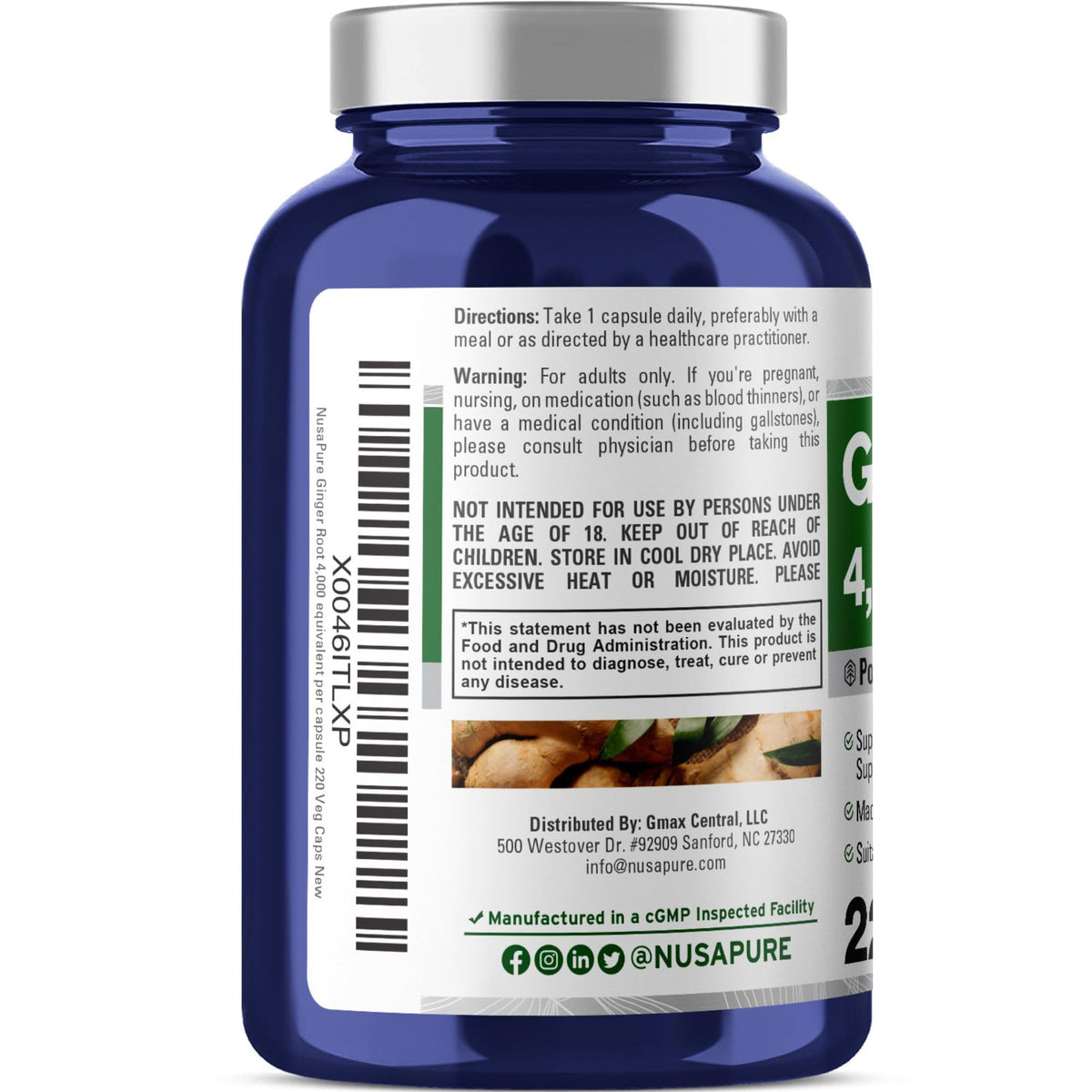 NusaPure Ginger Root Capsules 20:1 Extract, 200 mg Equivalent to 4,000mg per Veggie Caps | 220 Count | Non-GMO & Vegan NusaPureBuy Supplements Australia