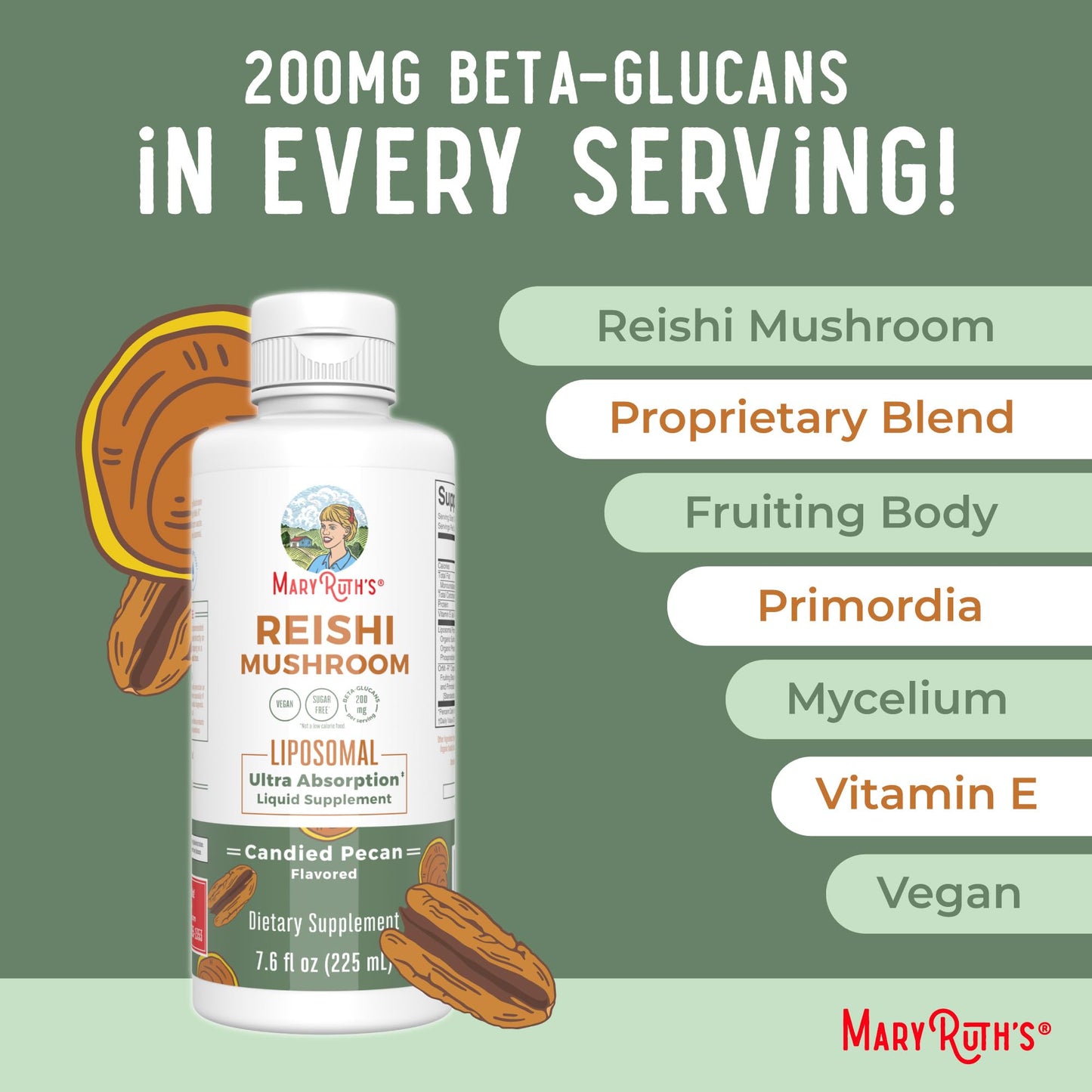MaryRuth Organics Reishi Vegan Mushroom Supplement | Ultra Absorption Liposomal | Immune Support with 200mg Beta-Glucans, Vegan |Full Spectrum Reishi Mushrooms Fruiting Body | 7.6 oz, MARYRUTH'SBuy Supplements Australia