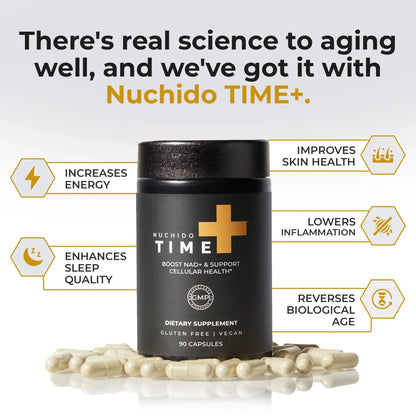 Nuchido Time+ NAD Supplement for Men & Women - Advanced Formula for Healthy Aging, Energy, Focus, Cellular Health & Longevity - Nicotinamide, Alpha Lipoic Acid, Quercetin - 90 Capsules Nuchido Time+Buy Supplements Australia