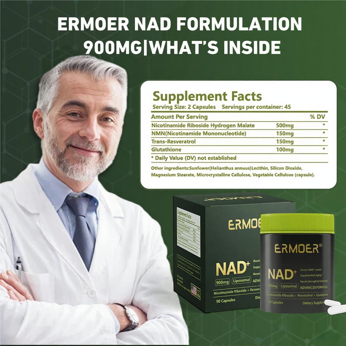 ERMOER NAD Liposomal Nicotinamide Riboside with Resveratrol & Quercetin 900mg, NAD Resveratrol Supplement for Anti Aging, Energy, Antioxidant, Focus (90 Count) ERMOERBuy Supplements Australia
