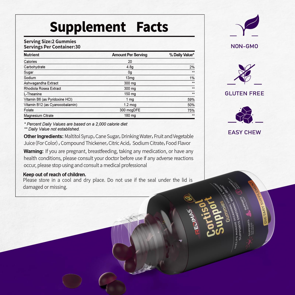Redimas Cortisol Gummies for Women & Men with Ashwagandha, Magnesium, L-Theanine and Multivitamin, Vegan Chewable Gummies for Daily Lifestyle Balance, Convenient Adult Supplement, 60 Count RedimasBuy Supplements Australia