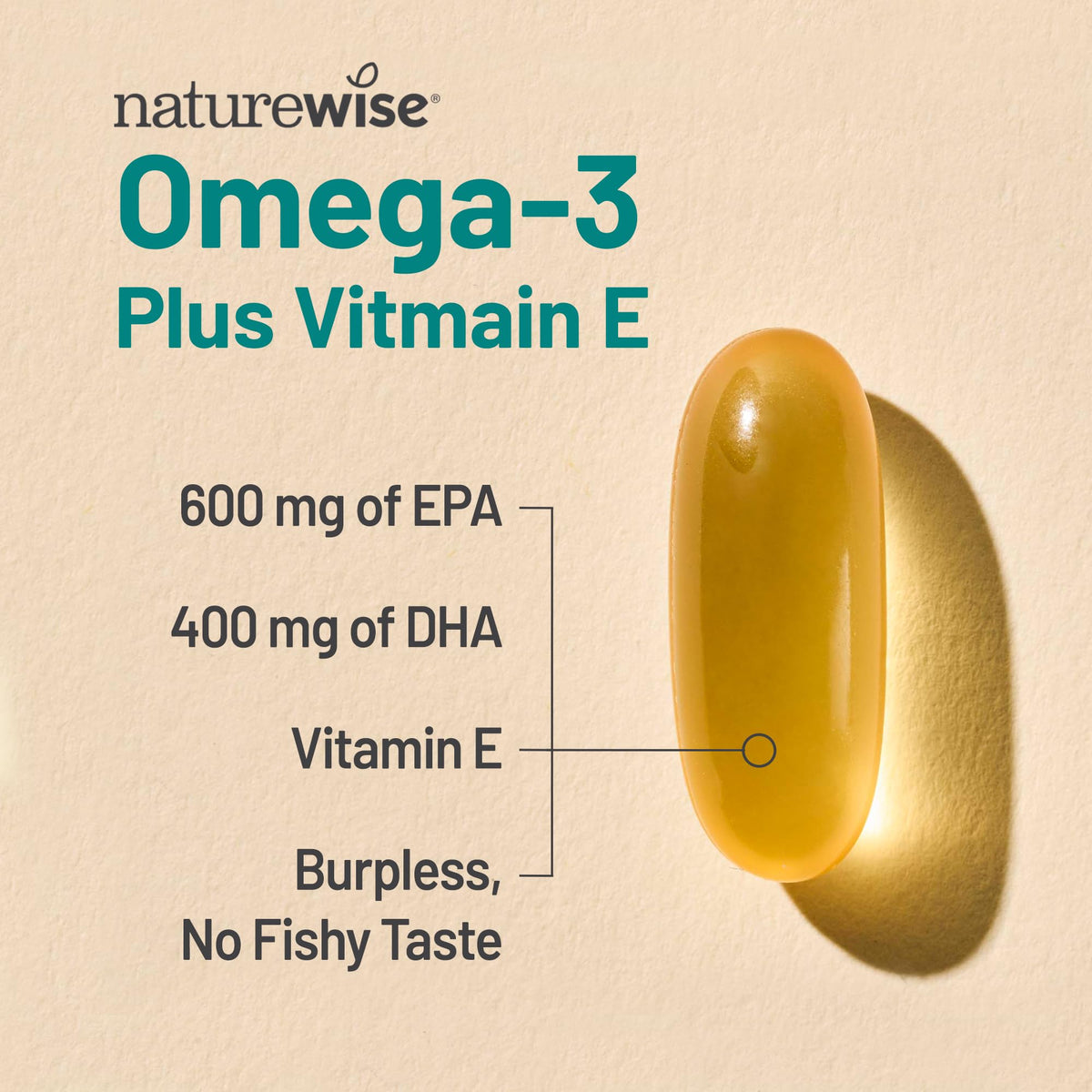 NatureWise Extra-Strength Omega 3 Fish Oil Supplement - 1000mg per Serving - 600 EPA & 400 DHA and Vitamin E - Support for Heart & Brain Health