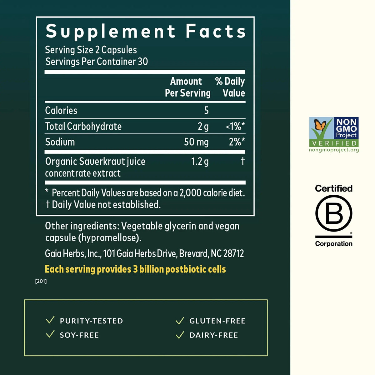 Gaia Herbs Sauerkraut Postbiotic - Gut Health & Immune Support Supplement* - Made with Fermented Sauerkraut - Free from Dairy, Soy & Gluten - 60 Vegan Liquid Phyto-Caps (30 Servings) Gaia HerbsBuy Supplements Australia