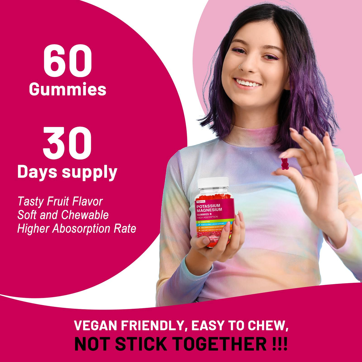 Potassium Magnesium Gummies - High Absorption Magnesium Glycinate & Potassium Citrate Plus Coenzyme Q10, DHA, D3, Mineral & Calcium for Zzz, Leg Cramps & Muscle - 60 Raspberry Gummies VegaveroBuy Supplements Australia