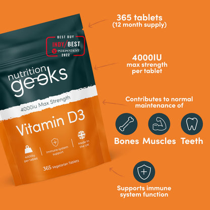 Vegetarian Vitamin D3 4000 iu - 1 Year Supply, 365 Easy-Swallow High Strength Vitamin Nutrition GeeksBuy Supplements Australia