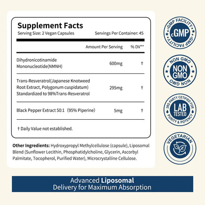 NUISM NMNH NAD+ Supplement, Liposomal 600mg NMN NAD+ and Resveratrol Complex for Cellular Energy, Healthy Aging & Metabolic Support, 90 Capsules NUISMBuy Supplements Australia