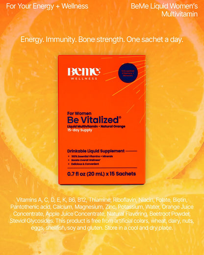 BeMe Liquid Multivitamins for Women - Advanced Liquid Delivery System with 13 Vitamins & Minerals - Tear & Go Sachets, Non-GMO, Orange Flavor (15 Sachets) BeMeBuy Supplements Australia