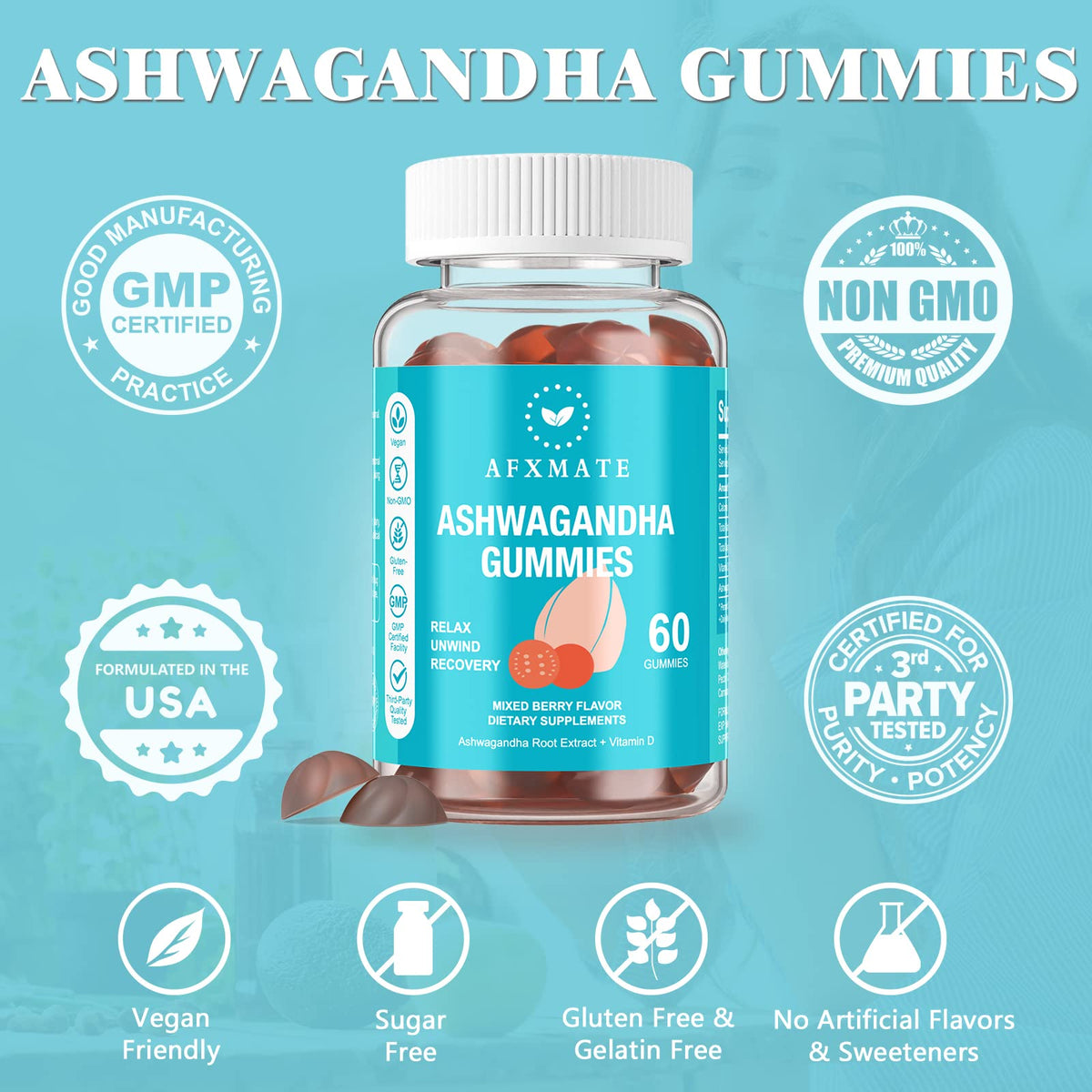 AFXMATE Ashwagandha Gummies & Vitamin D Gummies for Men & Women 120 Count Aswangdha Supplement (Non-GMO, Sugar Free & Gluten Free) AFXMATEBuy Supplements Australia