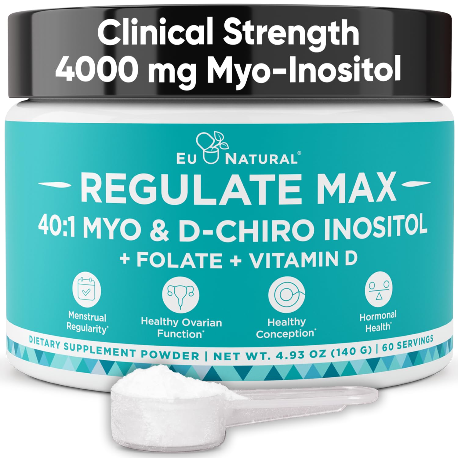 Eu Natural Regulate MAX Myo-Inositol & D-Chiro Inositol Supplement Powder for Women with Vitamin D & Folate Nutritional Support, Hormone Balance & Fertility Support, Unflavored 60 Servings Eu NaturalBuy Supplements Australia