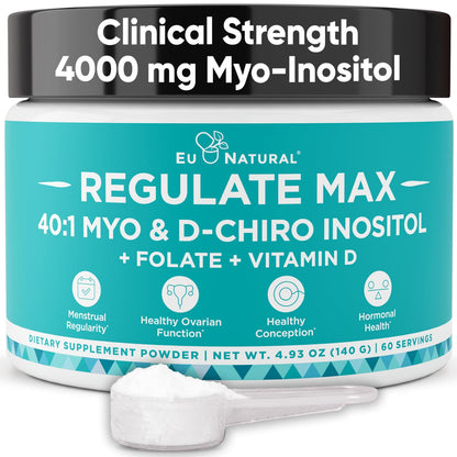 Eu Natural Regulate MAX Myo-Inositol & D-Chiro Inositol Supplement Powder for Women with Vitamin D & Folate Nutritional Support, Hormone Balance & Fertility Support, Unflavored 60 Servings Eu NaturalBuy Supplements Australia