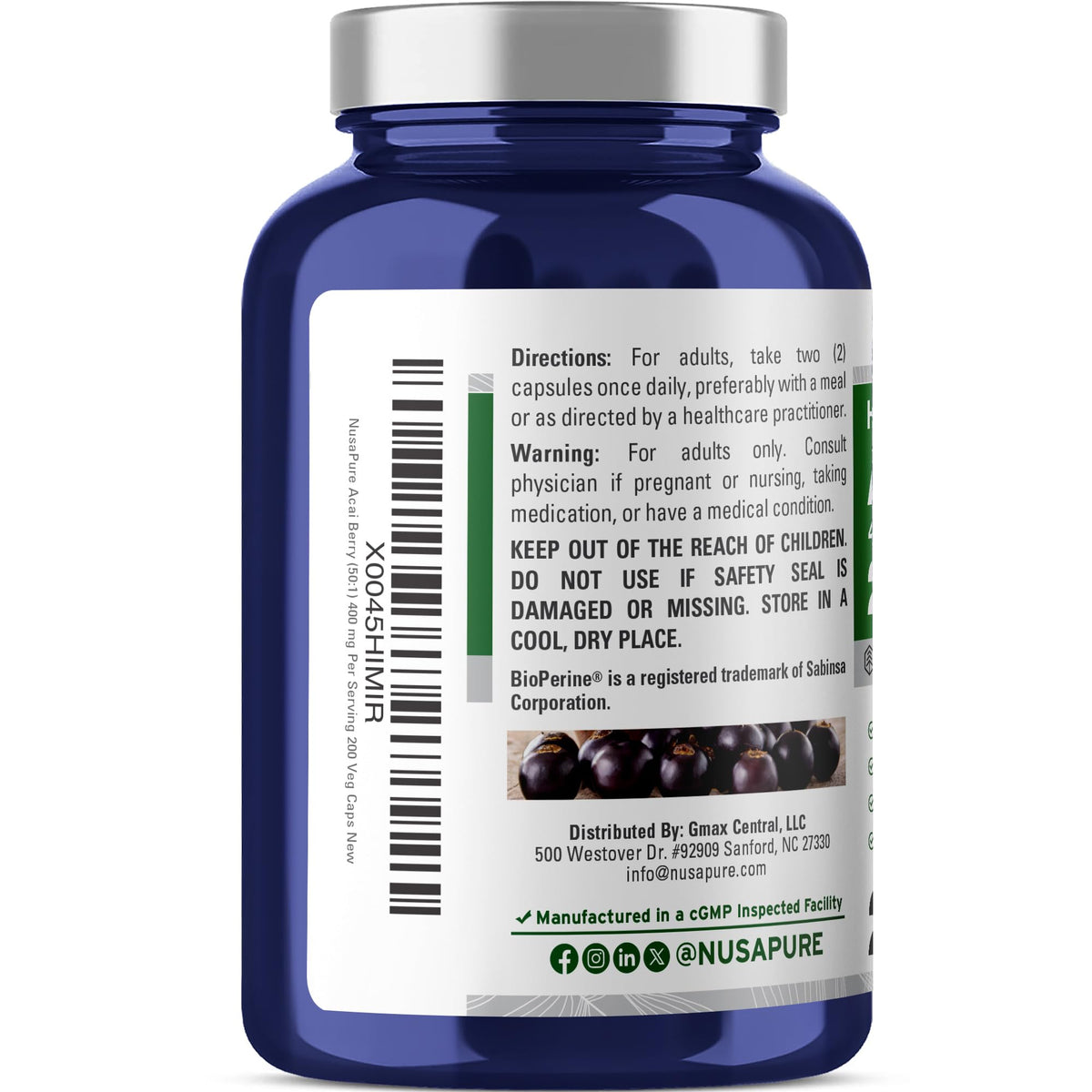 NusaPure Acai Berry 50:1 Extract - Suitable for Vegetarian/Vegan, Non - GMO - 20000 mg - 200 Capsules NusaPureBuy Supplements Australia