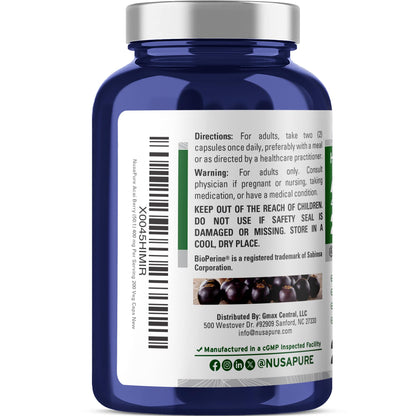 NusaPure Acai Berry 50:1 Extract - Suitable for Vegetarian/Vegan, Non - GMO - 20000 mg - 200 Capsules NusaPureBuy Supplements Australia