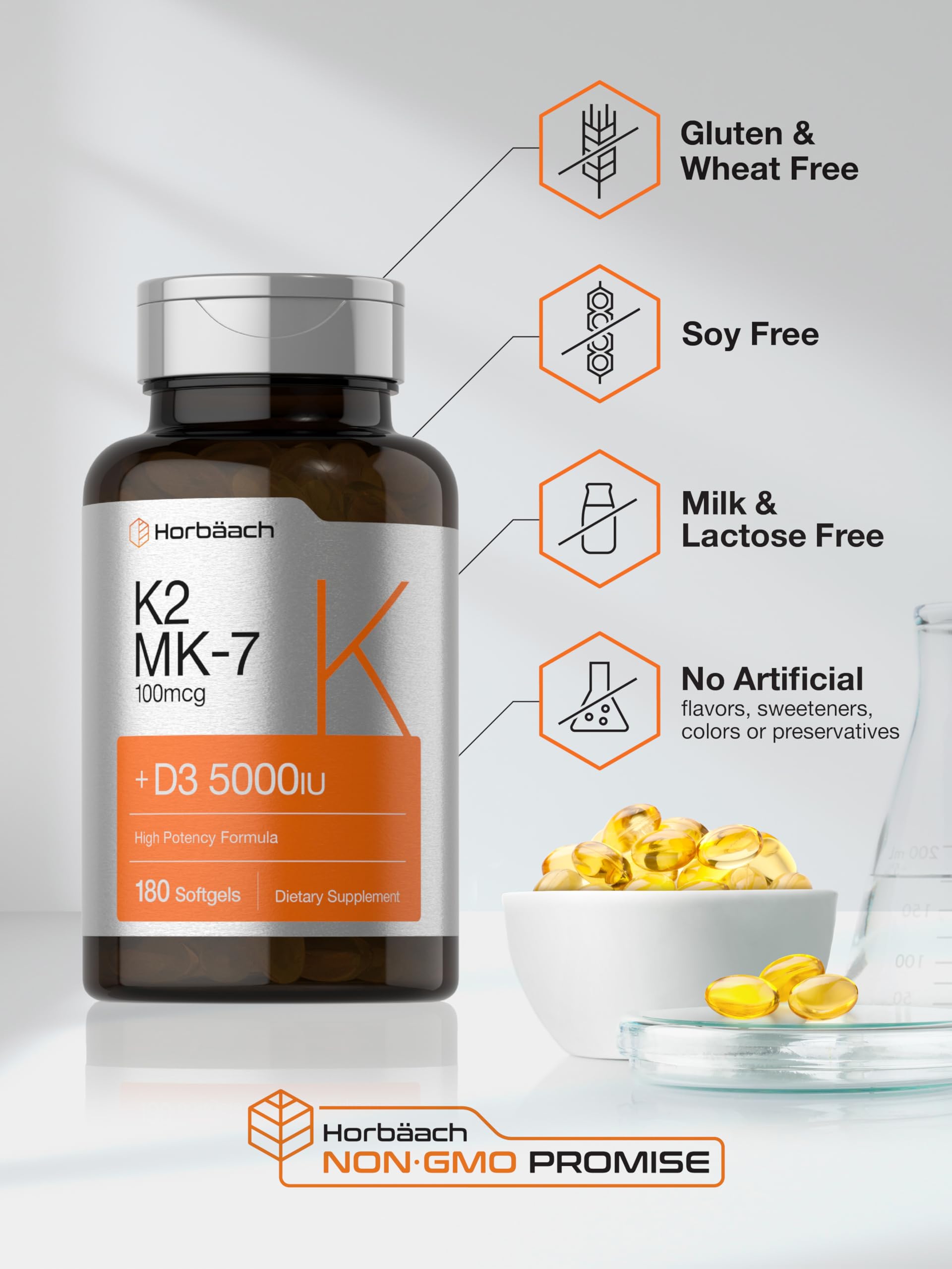 Horbäach Vitamin D3 K2 | 5000iu of Vitamin D & 100mcg MK-7 Complex | 180 Softgel Cap HorbäachBuy Supplements Australia