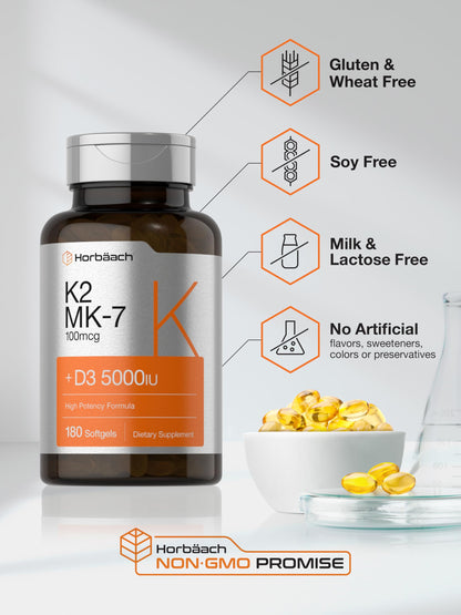 Horbäach Vitamin D3 K2 | 5000iu of Vitamin D & 100mcg MK-7 Complex | 180 Softgel Cap HorbäachBuy Supplements Australia