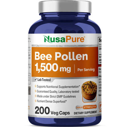 NusaPure Bee Pollen 1500mg 200 Veggie Caps (100% Vegetarian, Non-GMO, Vegan) Naturally Occurring Proteins, Aminoacids NusaPureBuy Supplements Australia