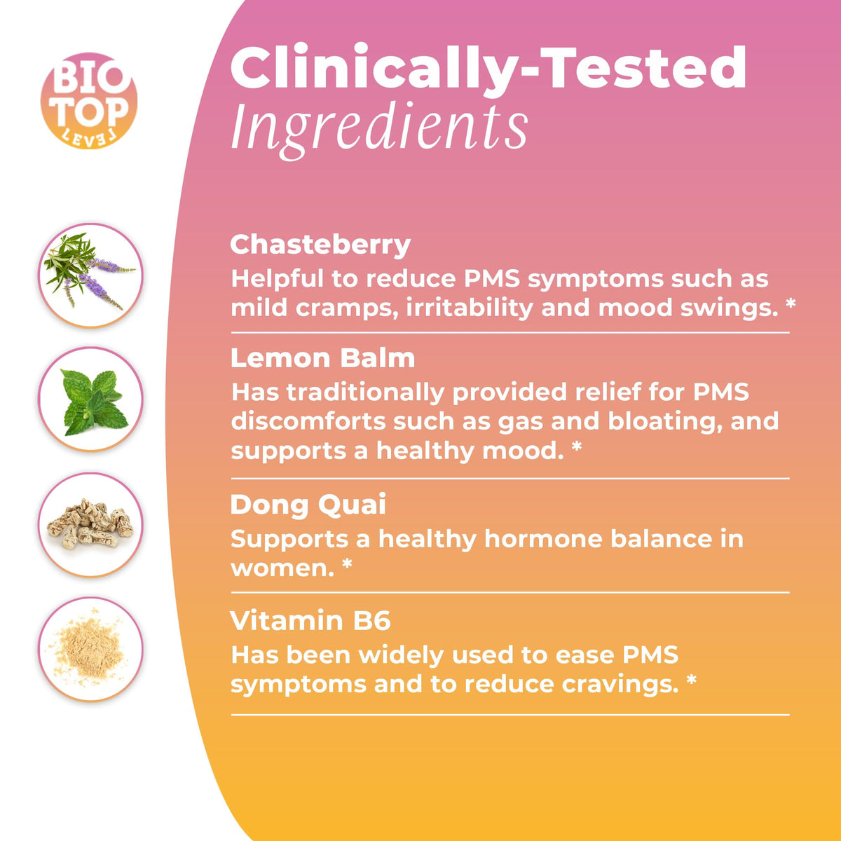 BIOTOPLEVEL PMS Support Supplement for Women & PMS Relief, Hormone Balance & Menstrual Period Relief for Cramps, Bloating & Mood Swings with Chasteberry, Vitamin B6, Lemon Balm, Dong Quai, 30 Count BIOTOPLEVELBuy Supplements Australia