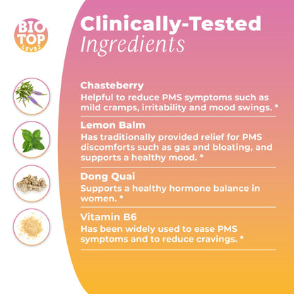 BIOTOPLEVEL PMS Support Supplement for Women & PMS Relief, Hormone Balance & Menstrual Period Relief for Cramps, Bloating & Mood Swings with Chasteberry, Vitamin B6, Lemon Balm, Dong Quai, 30 Count BIOTOPLEVELBuy Supplements Australia