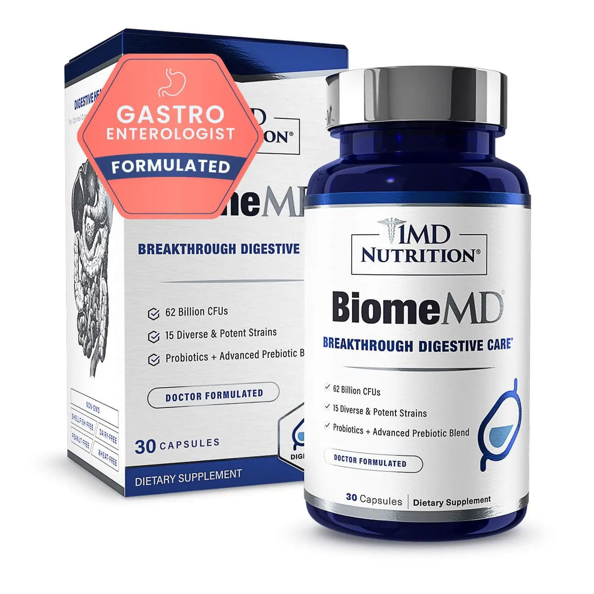 1MD Nutrition BiomeMD Probiotics | 62 Billion CFUs, 15 Comprehensive Strains - Pro & Prebiotics | Doctor-Formulated for Digestive Health & Immune Support | 30 Capsules 1MD NutritionBuy Supplements Australia
