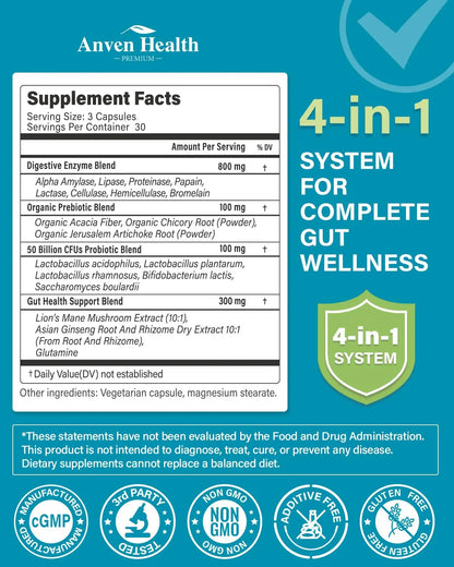 Anven Health 800mg Digestive Enzymes for Men and Women with Probiotics & Prebiotics, 8 Key Enzymes, Protease, Amylase & Lipase | 180 Capsules - A 60-Day Supply for Bloating & Gas Relief - Non-GMO Anven Health buy supplements Au