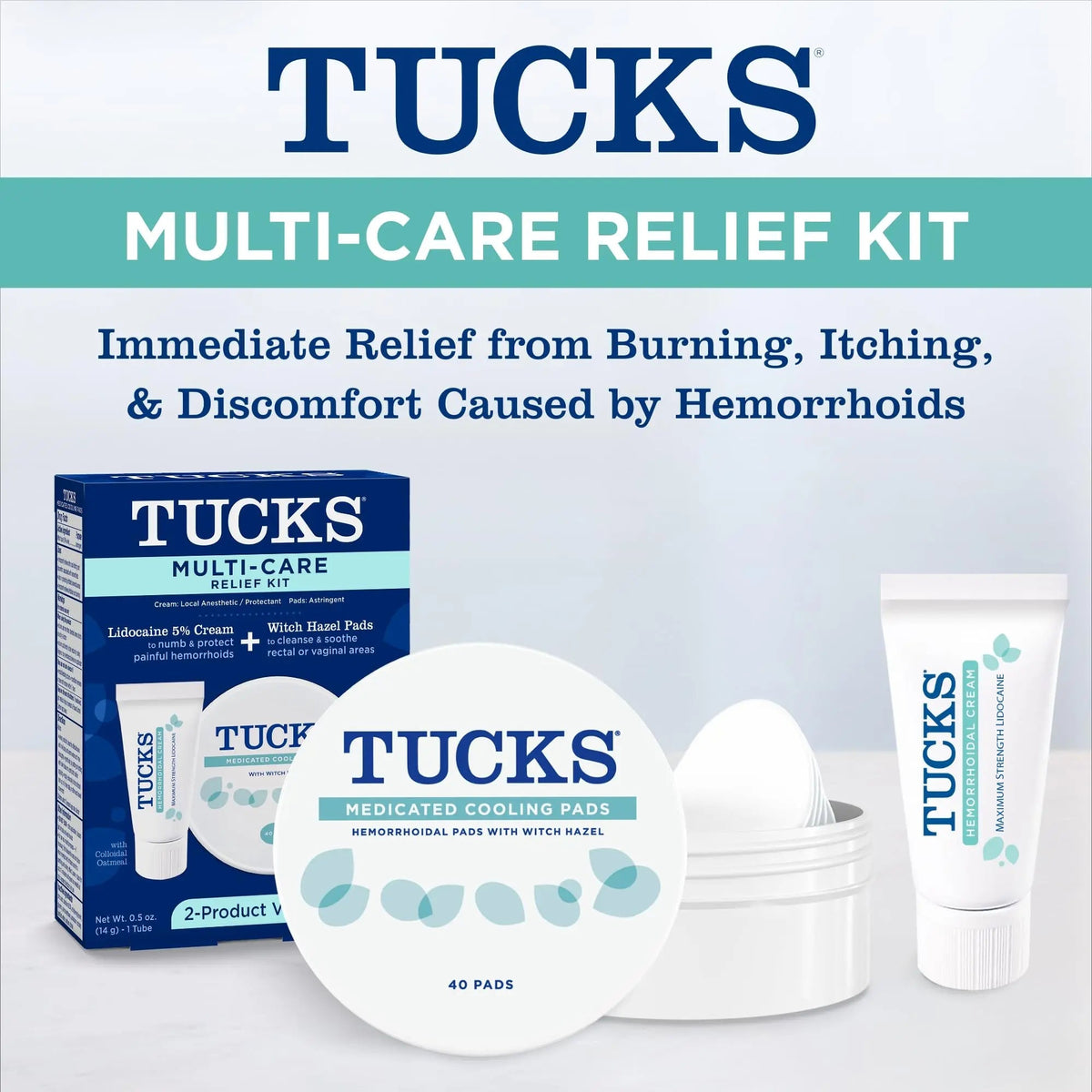 Tucks Multi-Care Relief Kit – 40 Count Witch Hazel Pads & 0.5 oz. Lidocaine Cream - Protects from Irritation, Hemorrhoid Treatment Medicated Pads Used by Hospitals TUCKSBuy Supplements Australia