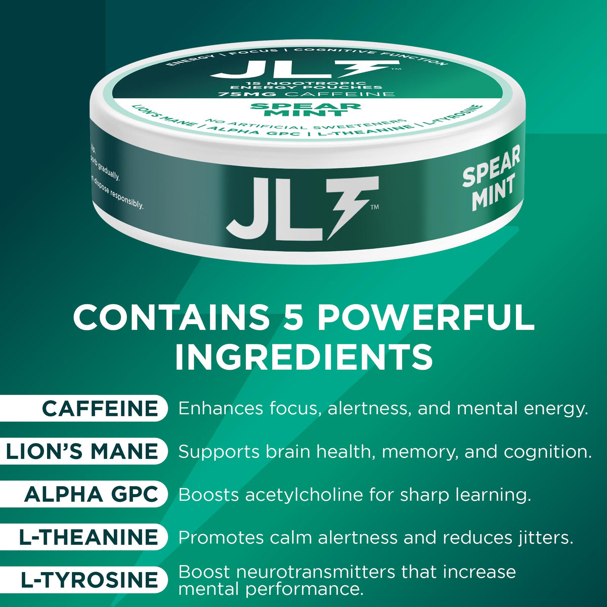 JLT 75 mg Caffeine Nootropic Pouches | Nootropic Energy Pouches with 75mg Caffeine, Lion's Mane, Alpha GPC, L-Tyrosine & L-Theanine with no Artificial Sweeteners | 15 Pouches Per Can JLT EnergyBuy Supplements Australia