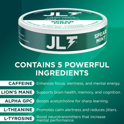JLT 75 mg Caffeine Nootropic Pouches | Nootropic Energy Pouches with 75mg Caffeine, Lion's Mane, Alpha GPC, L-Tyrosine & L-Theanine with no Artificial Sweeteners | 15 Pouches Per Can JLT EnergyBuy Supplements Australia