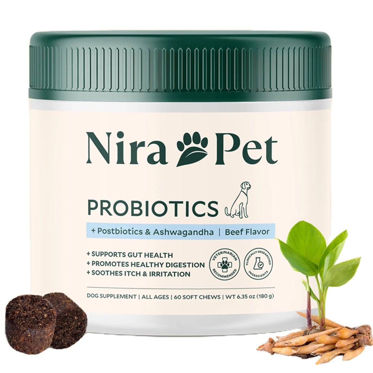 Nira Pet Probiotics for Dogs – 60 Beef-Flavored Chews with Postbiotics, Colostrum, Ashwagandha & Lactobacillus – Supports Gut Health, Immunity, Diarrhea, Gas & Stress Nira PetBuy Supplements Australia