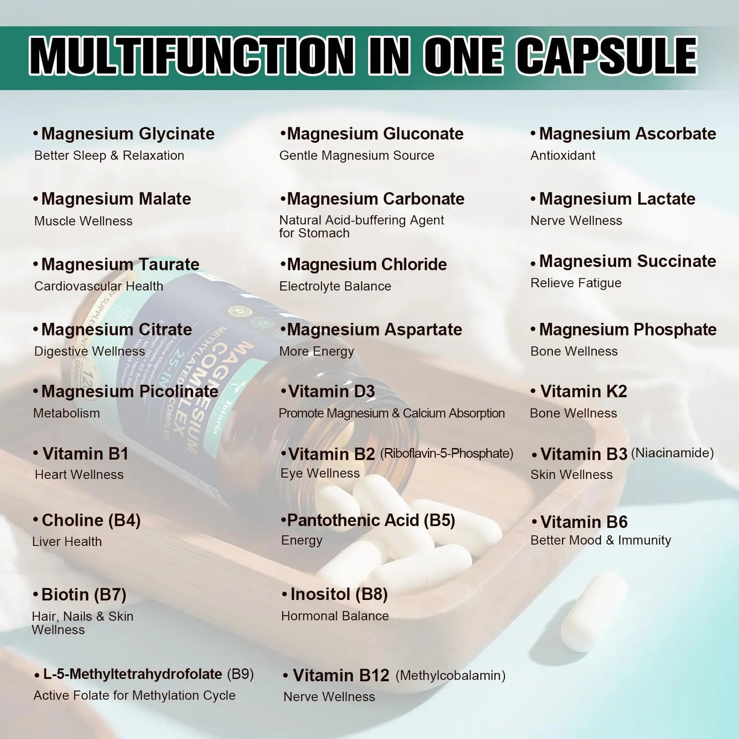 25-in-1 Magnesium Complex with Methylated B Complex Magnesium Glycinate Citrate Malate Taurate Gluconate Aspartate Carbonate D3 K2, Magnesium Supplement Totaria canada supplements