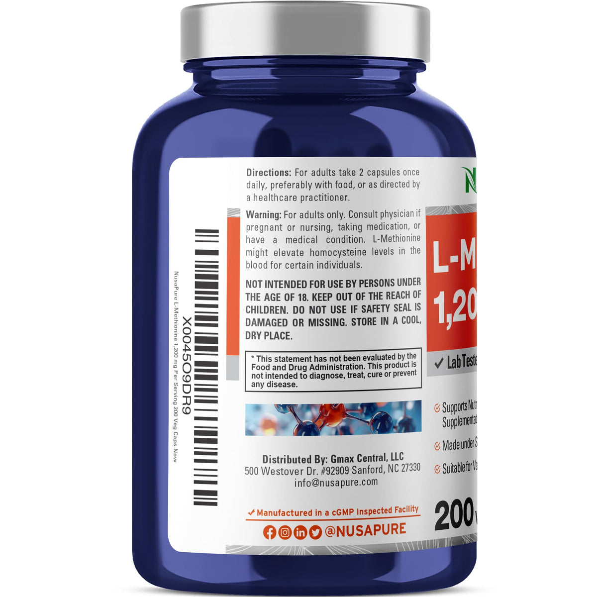 NusaPure L Methionine 1200mg | 200 Capsules | Non-GMO | Vegan Supplement NusaPureBuy Supplements Australia