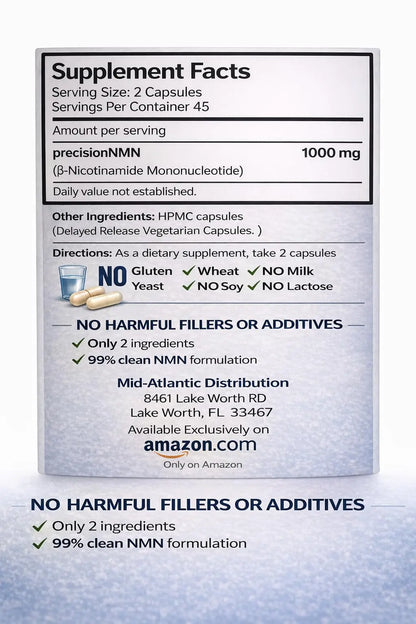 Precision NMN1000-1000 mg per Serving, 90 Capsules, 45 Grams Total Delayed Release Vegetarian Capsule, Nicotinamide Mononucleotide GenericBuy Supplements Australia