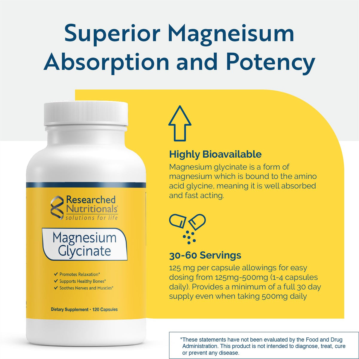 Researched Nutritionals Magnesium Glycinate Capsules - 125mg High Absorption Magnesium Glycinate Supplement to Support Healthy Bones and Energy Production - Vegan & Non-GMO (120 Capsules) Researched NutritionalsBuy Supplements Australia