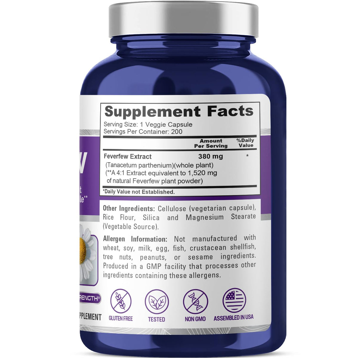NusaPure Feverfew Extract 4:1 - Suitable for Vegetarian/Vegan, Non - GMO - 1520mg 200 Capsules NusaPureBuy Supplements Australia