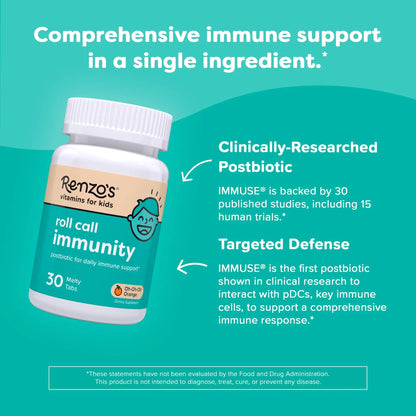 Renzo's Roll Call Immunity - Dissolvable Kids Immune Support Supplement with IMMUSE Postbiotic, Sugar-Free Kids Vitamins, 30 Orange-Flavored Melty Tabs Renzo'sBuy Supplements Australia