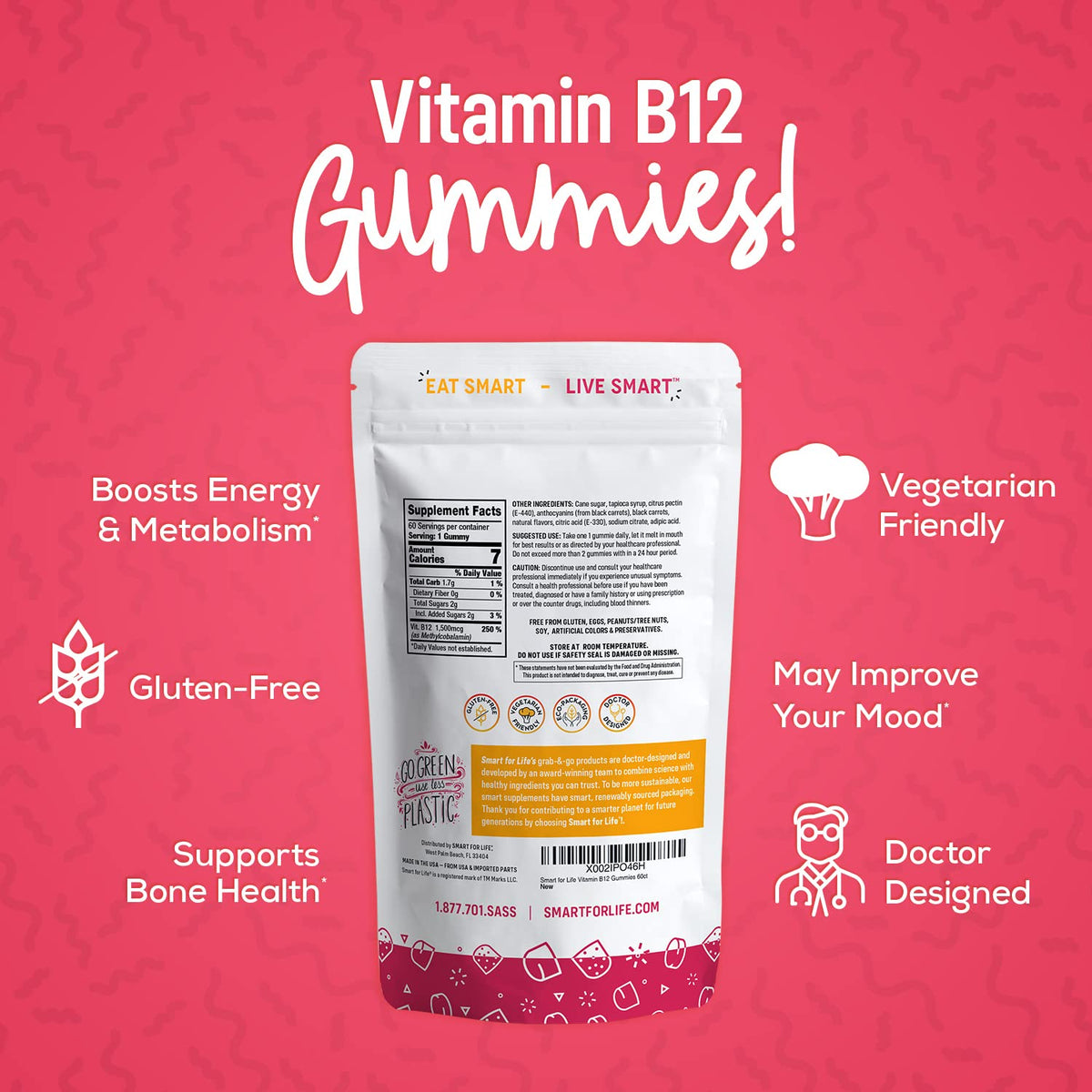 B12 Gummy Vitamins - 1500 mcg Vitamin B12 Gummies for Adults and Kids - Helps with Energy, Metabolism, Bone Nervous System Support Smart for LifeBuy Supplements Australia