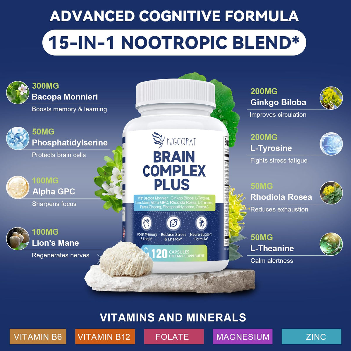 Brain Supplements for Memory & Focus - Nootropic with Bacopa Monnieri, Lion's Mane, Alpha GPC, Phosphatidylserine | Supports Mental Clarity & Cognitive Function | Vitamin B6 & B12-120 Capsules MigcopatBuy Supplements Australia