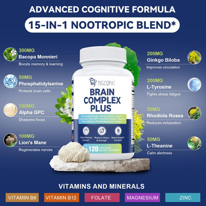 Brain Supplements for Memory & Focus - Nootropic with Bacopa Monnieri, Lion's Mane, Alpha GPC, Phosphatidylserine | Supports Mental Clarity & Cognitive Function | Vitamin B6 & B12-120 Capsules MigcopatBuy Supplements Australia