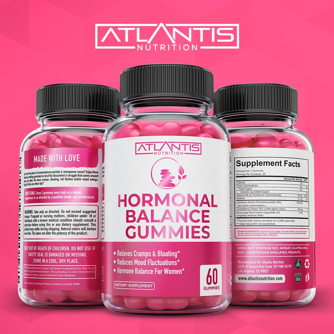 Atlantis Nutrition Hormonal Balance for Women & PMS Relief Gummies - Alleviates Cramps, Bloating, Mood Swings, Hot Flashes & Night Sweats - Cranberry, Dong Quai & Chasteberry Menstrual Cramp Relief Atlantis NutritionBuy Supplements Australia