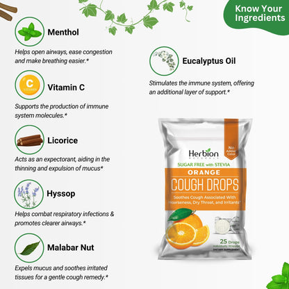 HERBION Naturals Cough Drops with Orange Flavor, Sugar-Free with Stevia, Soothes Cough, for Adults and Children Over 6 Years – Pack of 5(125 Lozenges) HERBION buy supplements Au